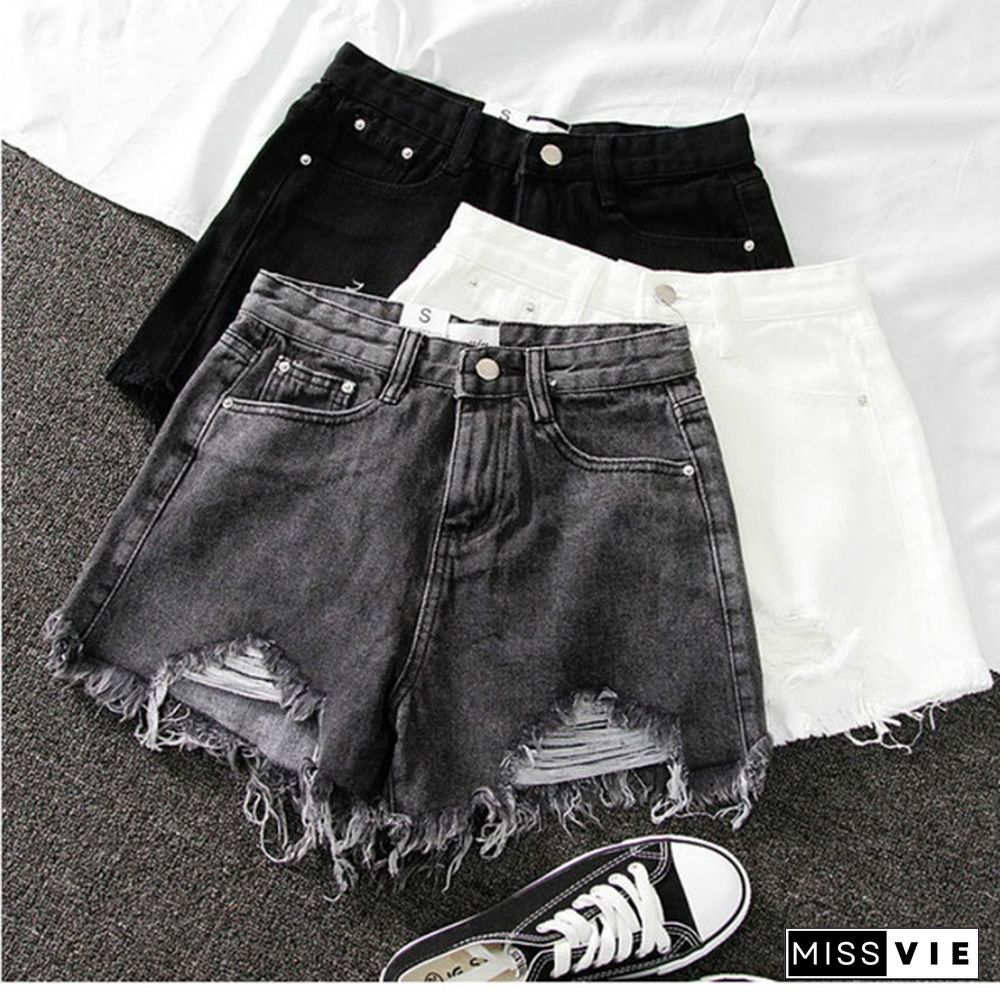 High waist denim shorts women summer new style ripped wide leg shorts with raw edges