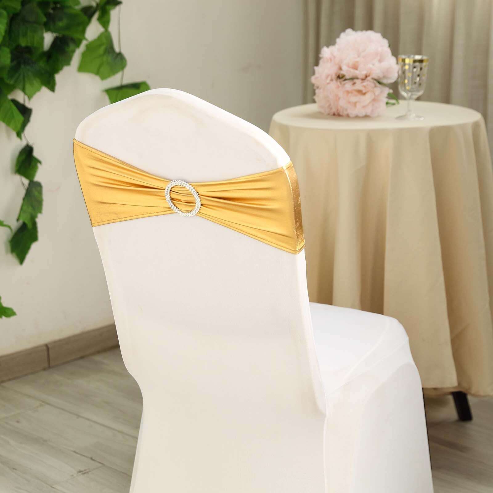 5 Pack Metallic Gold Spandex Chair Sashes With Attached Round Diamond Buckles