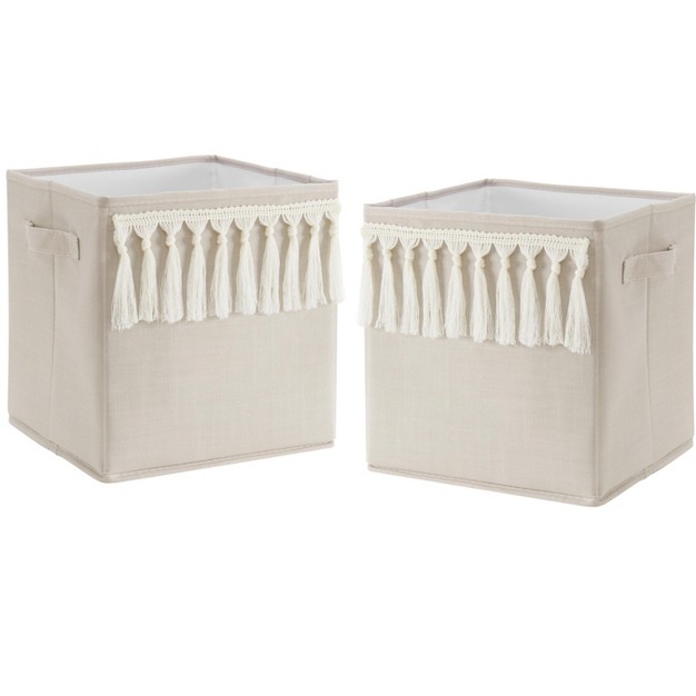 Sweet Jojo Designs Boy Or Girl Gender Neutral Unisex Set Of 2 Kids x27 Decorative Fabric Storage Bins Bohemian Fringe Taupe