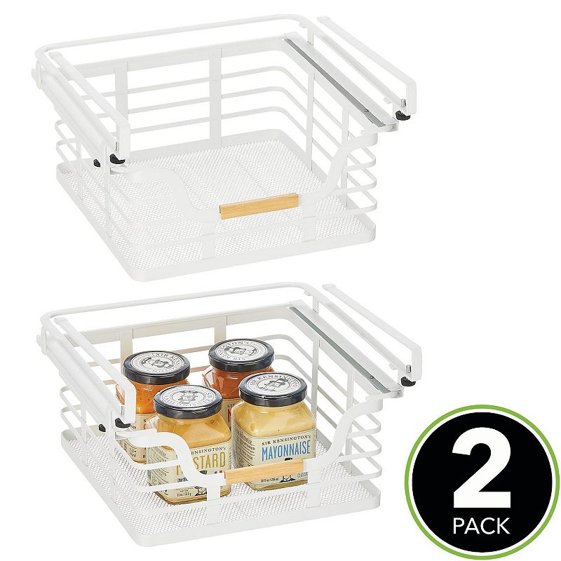 mDesign 11.32 Metal Wood Handle Kitchen Under Shelf Storage Baskets - 2 Pack