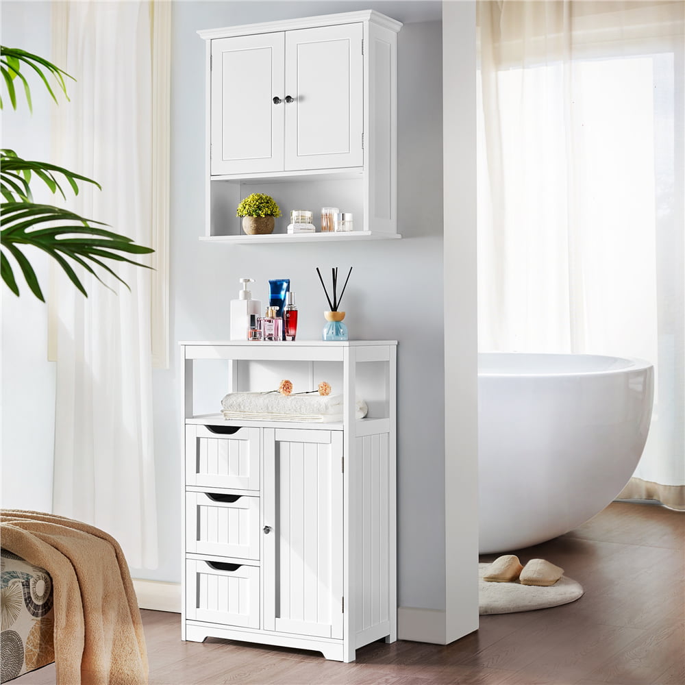 Easyfashion Wooden Bathroom Floor Cabinet Multiple Tiers Storage Organizer, White