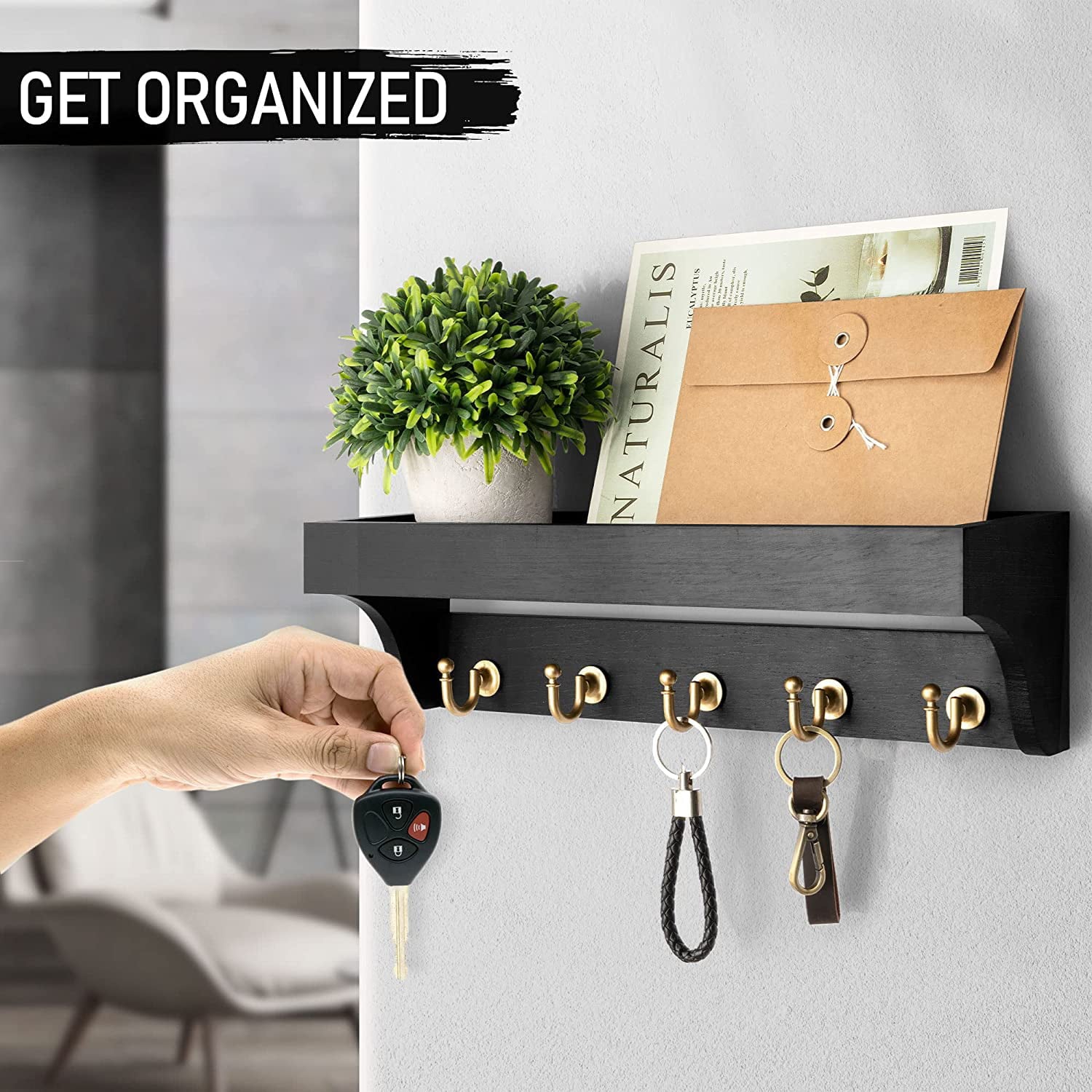 Dinosam Key and Mail Holder for Wall, Decorative Hanging Organizer with 5 Sturdy Keys Hooks, Wall Mount Key Rack, White