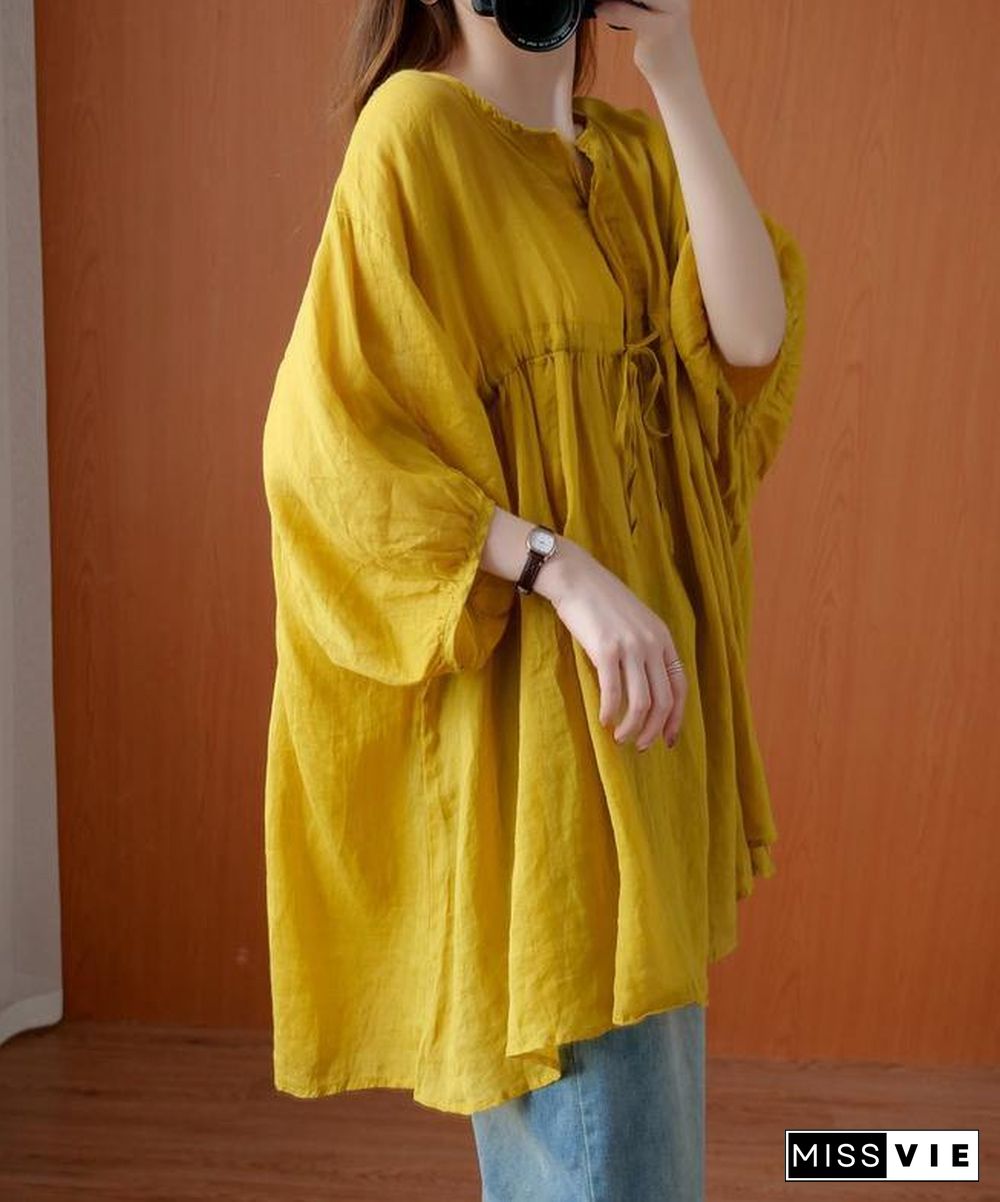 Elegant v neck drawstring blouses for women Sewing yellow top