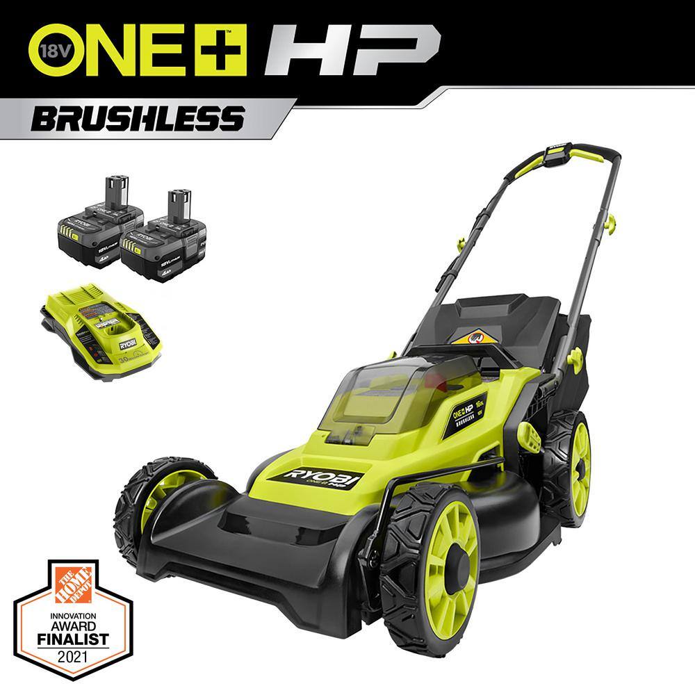 RYOBI ONE+ HP 18V Brushless 16 in. Cordless Battery Walk Behind Push Lawn Mower with (2) 4.0 Ah Batteries and (1) Charger P1190