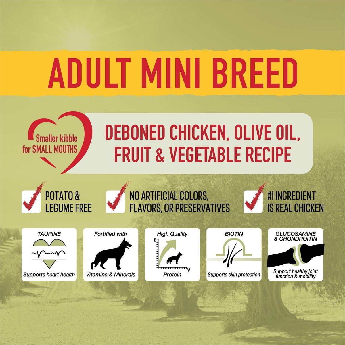 Mediterranean Diet Deboned Chicken， Olive Oil， Fruit and Vegetable Recipe Adult Mini Breed Dry Dog Food