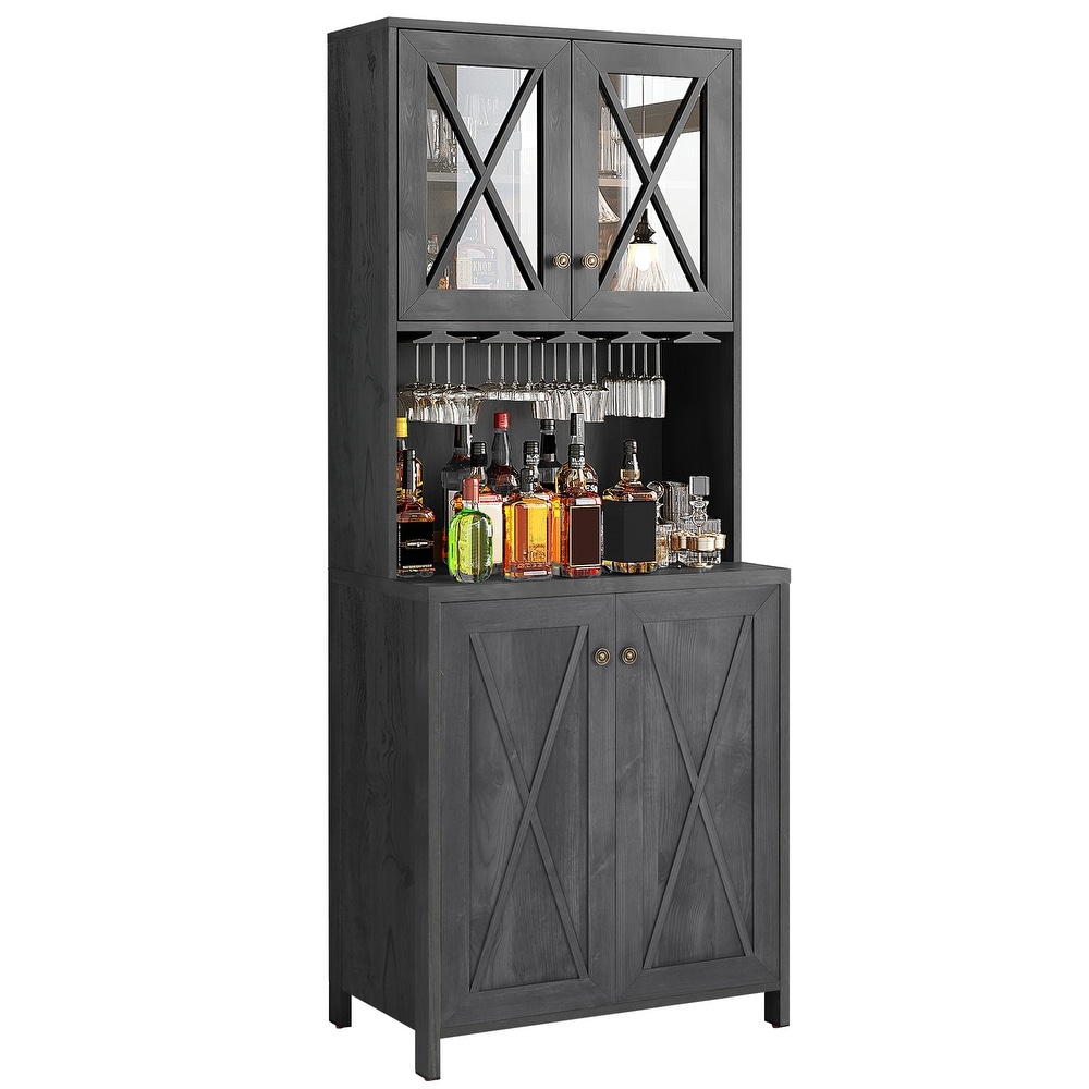 Farmhouse Bar Cabinet for Liquor and Glasses for Dining Room Kitchen Cabinet with Wine Rack