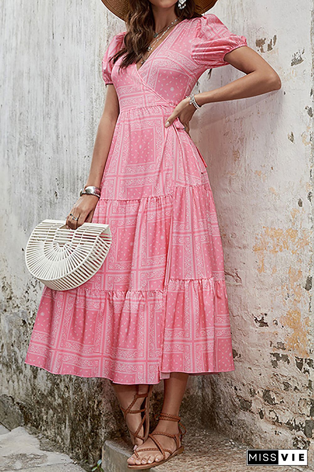 Pink V Neck Splicing Printing Dress