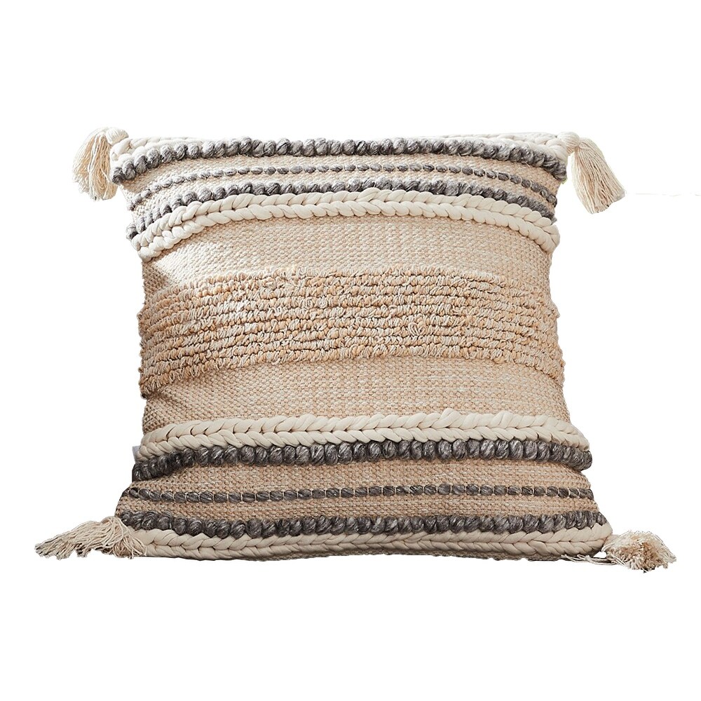 18 Inch Textured Decorative Throw Pillow Cover  Tassels  Beige  Gray Fabric