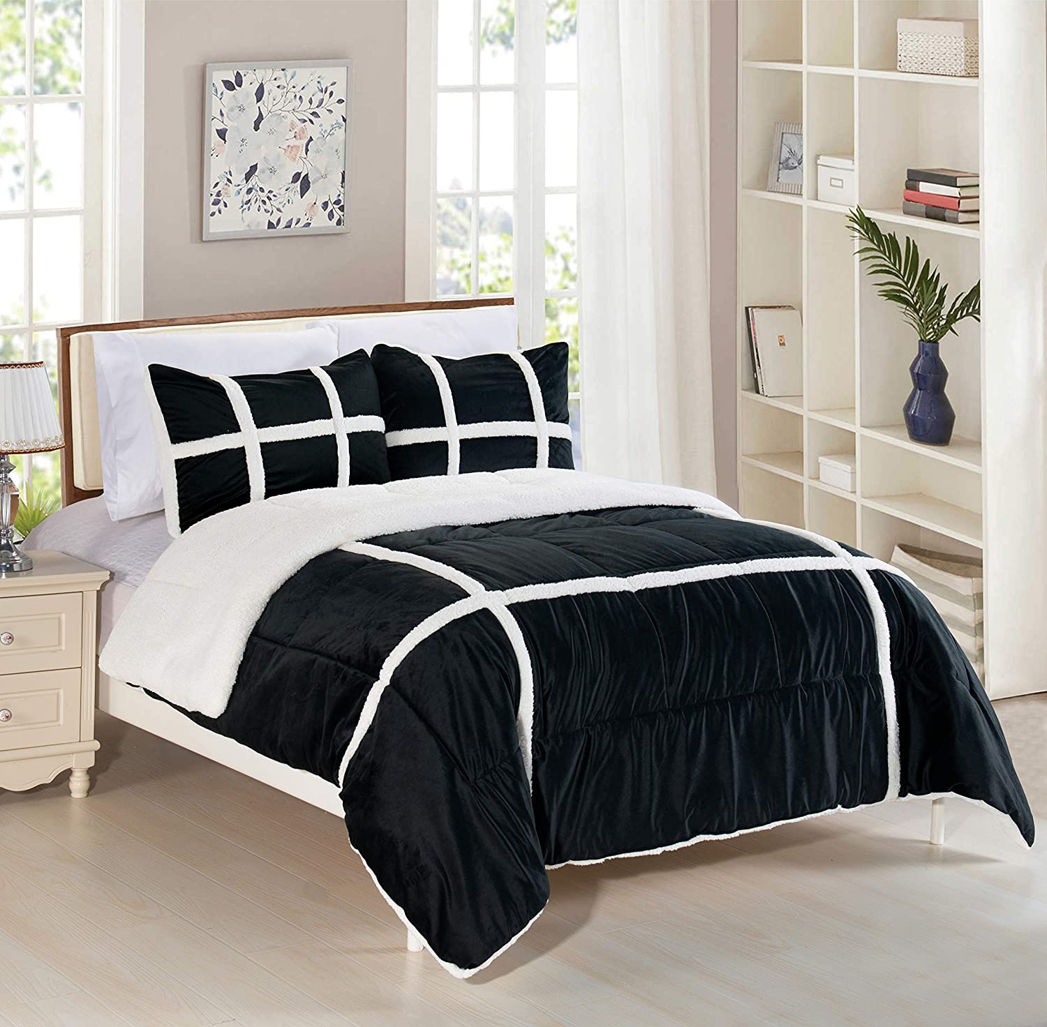 Softest Coziest Plaid Pattern Sherpa Premium Quality Down Alternative Micro-Suede 3-Piece Reversible Comforter Set