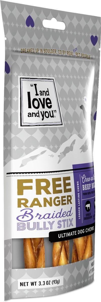 I and Love and You Free Range Braided 6-in Bully Stix Dog Treats， 3 count