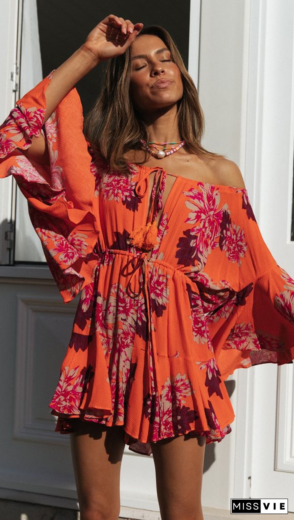 Carrot Floral Off Shoulder Withdraw Rompers