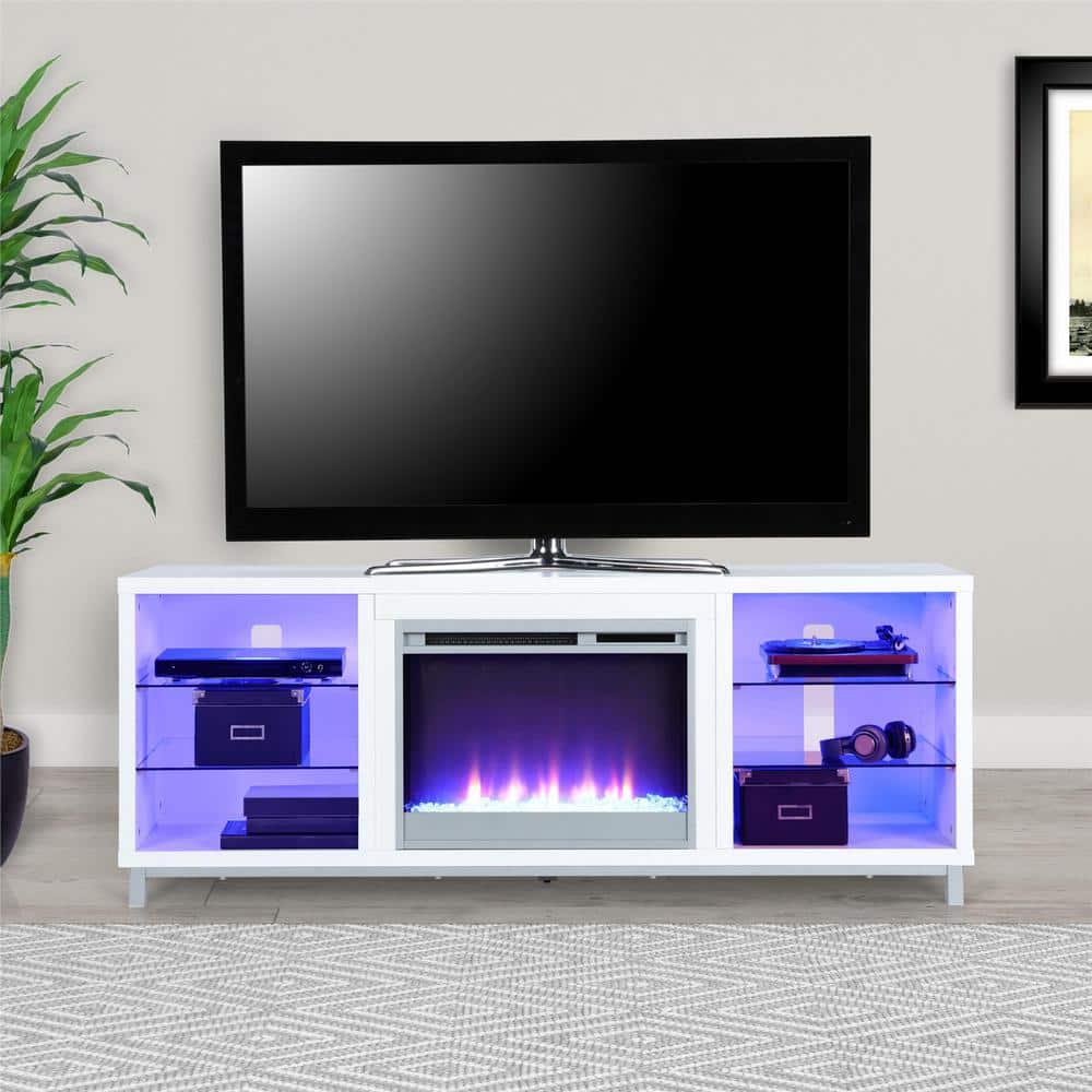 Ameriwood Home Cleavland 65 in White Particle Board TV Stand Fits TVs Up to 70 in with Electric Fireplace