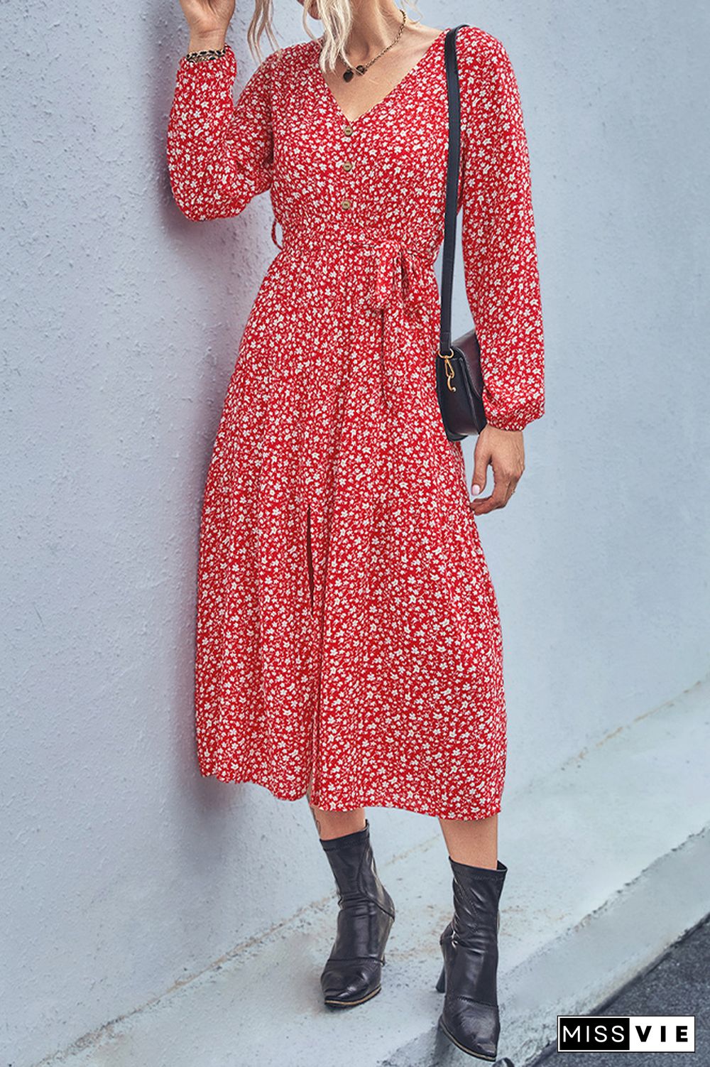 V Neck Button Down High Waist Split Floral Dress