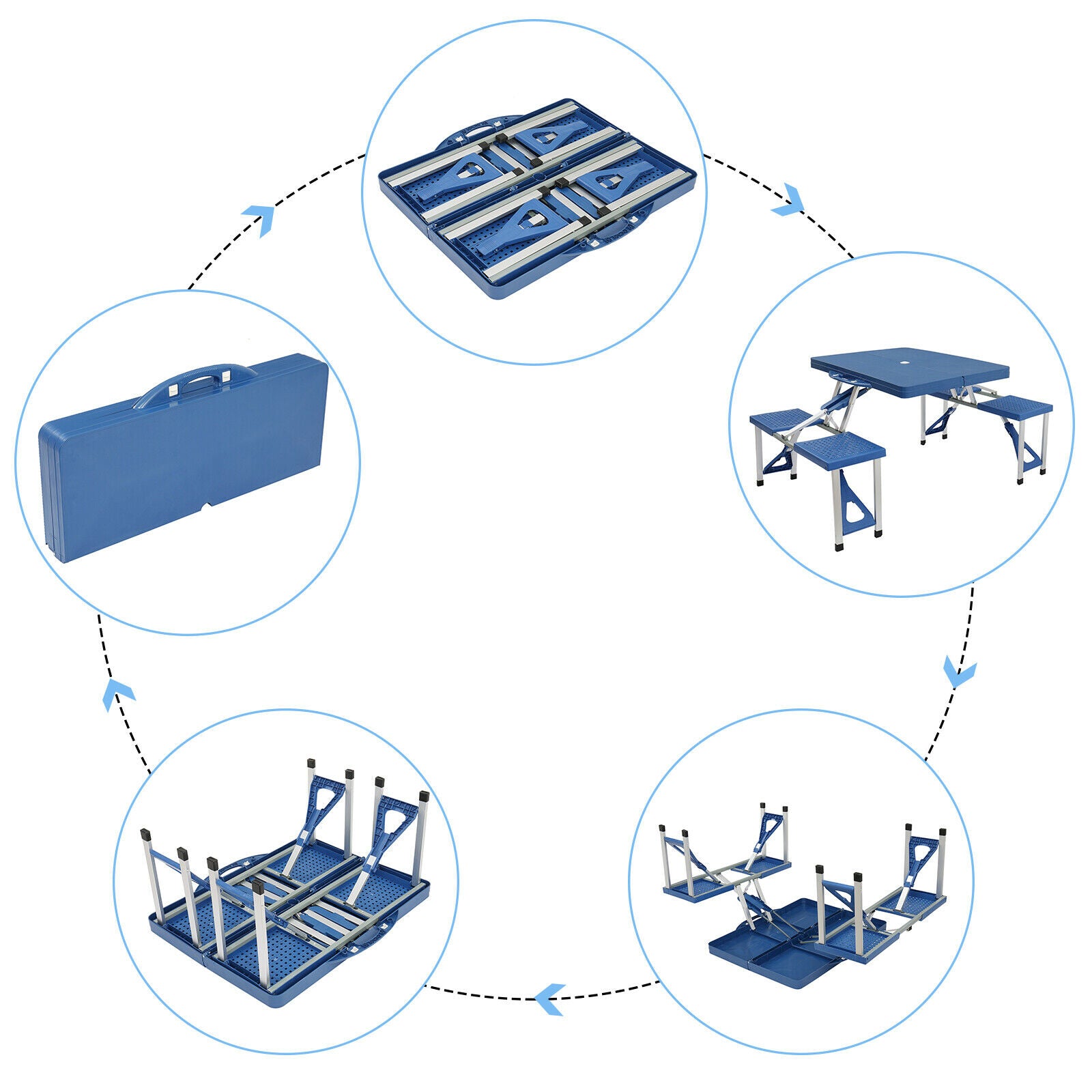 New Arrival Portable Foldable Camping Picnic Table with Seats Chairs and Umbrella Hole， 4-Kids Fold Up Travel Picnic Table， Blue