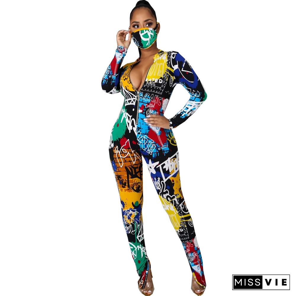 Women Autumn Clothing Digital Print Long Sleeve Front Zipper Bodycon Fitness One Piece Jumpsuit