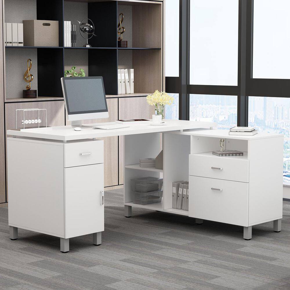 FUFUGAGA 59.1 in. L-Shaped White Wood Home Office Writing Desk with Reversible Hutch Cabinet Workstation with Drawers  Shelves KF210174-012-cc