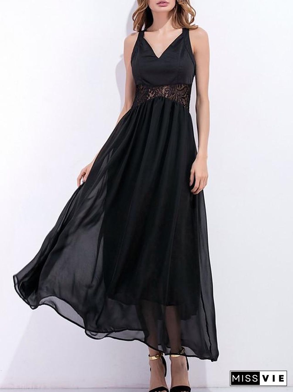 Women's A Line Dress Maxi long Dress Black Sleeveless Solid Color Summer V Neck Work Sexy S M L XL Black Dresses