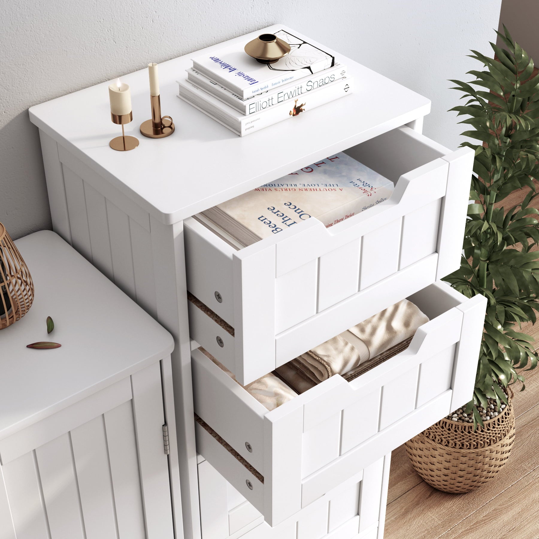 Homfa Bedroom Dresser with 5 Drawers, Wooden Bathroom Linen Cabinet, White Finish