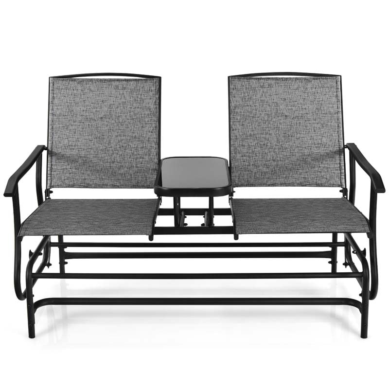 2-Person Outdoor Bench Glider Chair with Center Table, Mesh Fabric Rocking Loveseat for Patio