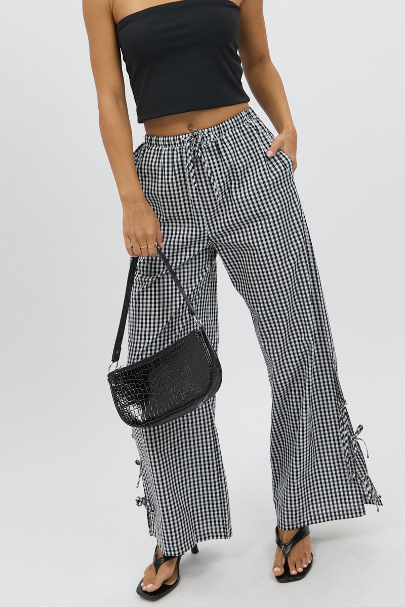 Black Check Wide Leg Pants Side Ribbon