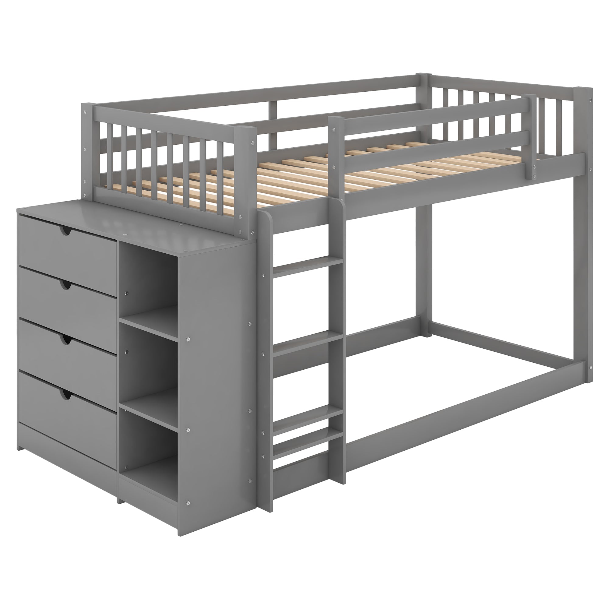 Euroco Twin over Twin Bunk Bed with Attached Cabinet and Storage Shelves for Kids, Gray