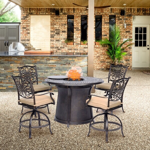 Hanover Traditions 5Piece HighDining Set with 4 Swivel Chairs and a 40，000 BTU Casttop Fire Pit Table