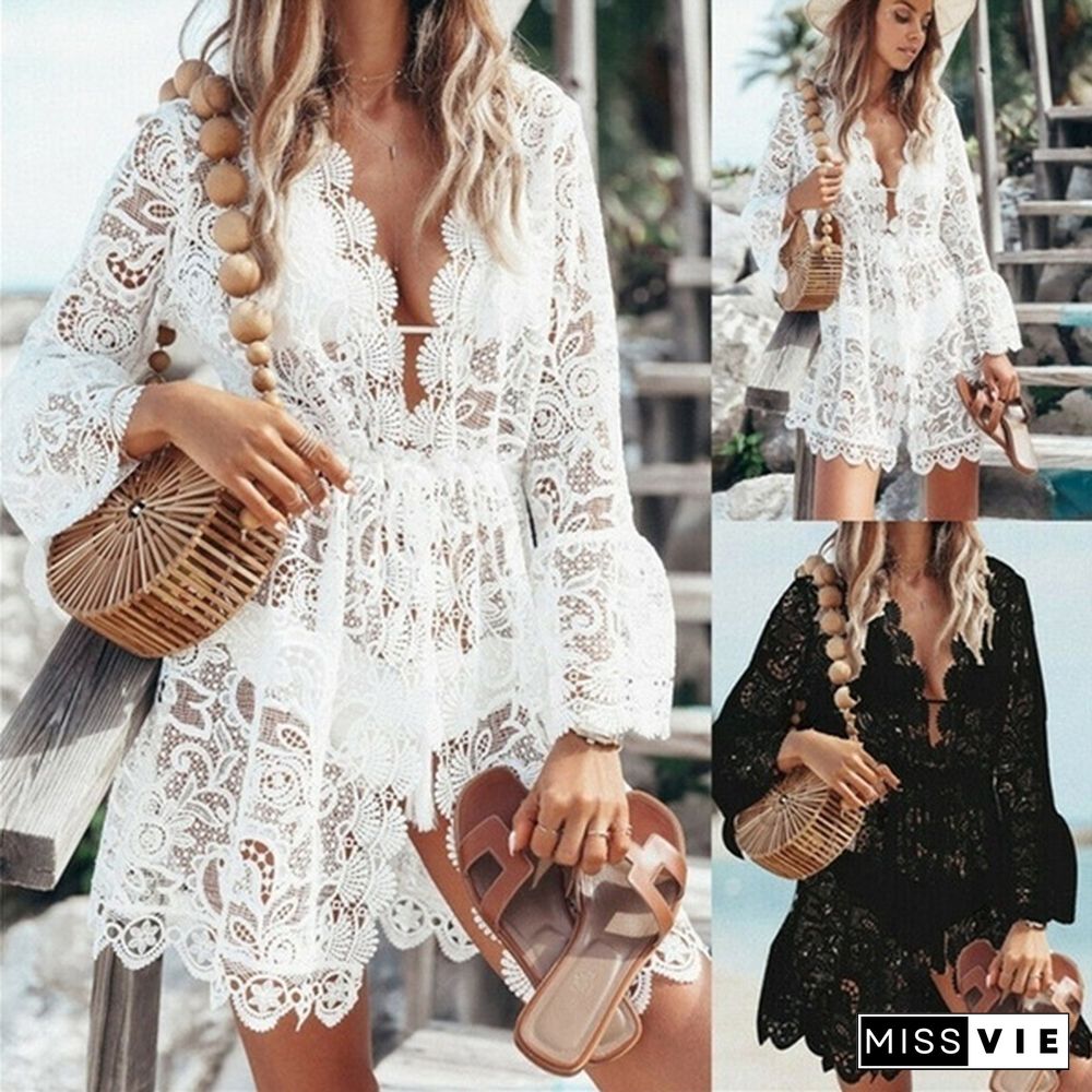 New Women Summer Fashion Hollow Out Beach Coat V-Neck Lace Dresses Bikini Blouse Sun Protection Clothing