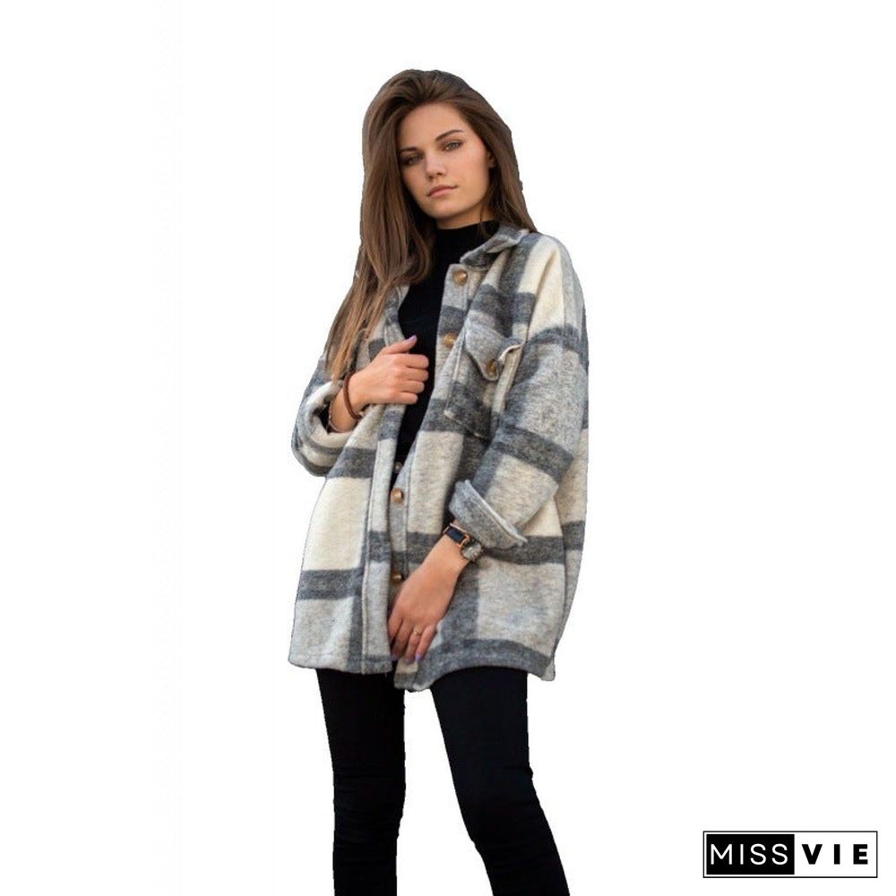 Long Sleeve Lapel Loose Plaid Casual Jacket