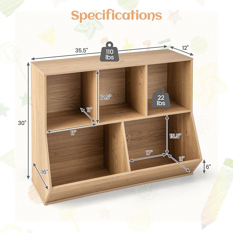 5 Cube Wooden Kids Toy Storage Organizer with Anti-Tipping Kits