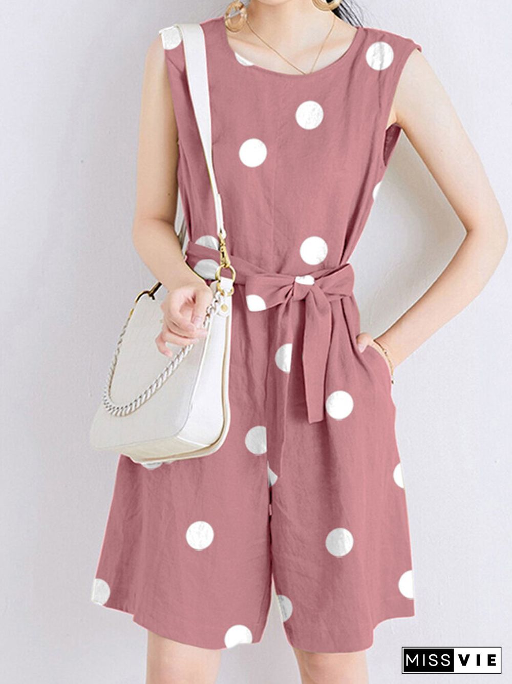 Dot Print Pocket Sleeveless Casual Romper With Belt