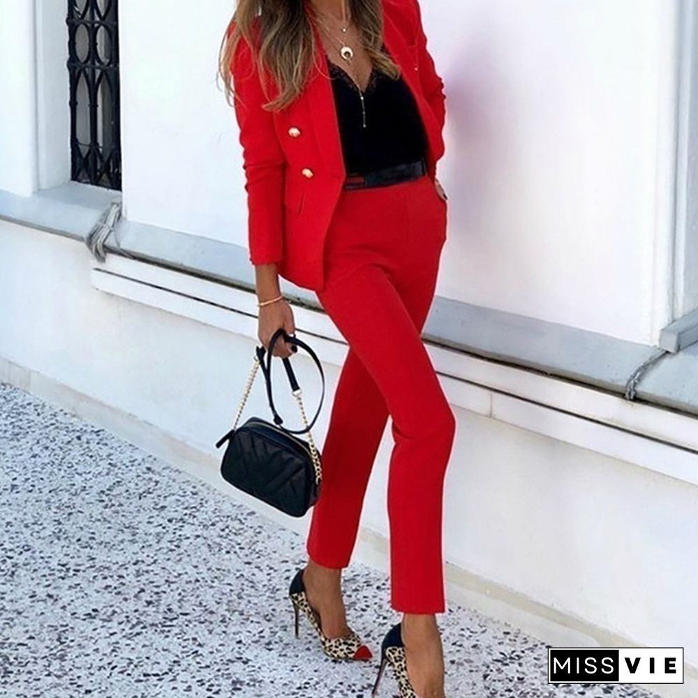 New Arrival Women's Fashion Two-Piece Casual Suits Blazer And Pants Set Office Lady Clothing Solid Color Plus Size