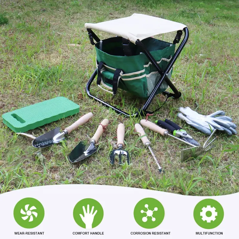 Foldable Chair and Garden tools Set with Kneeler  Nitrile Gloves and tools bag  Stool for Outdoor beach camping Fish Hiking