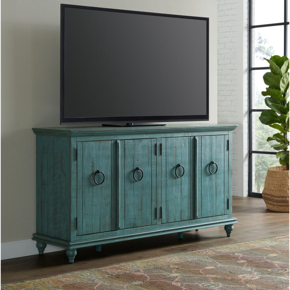 Rustic TV Console  Pine Wood Frame With Rough Saw Marks  Ring Pulls  Turquoise   French Country   Entertainment Centers And Tv Stands   by Declusia  Houzz