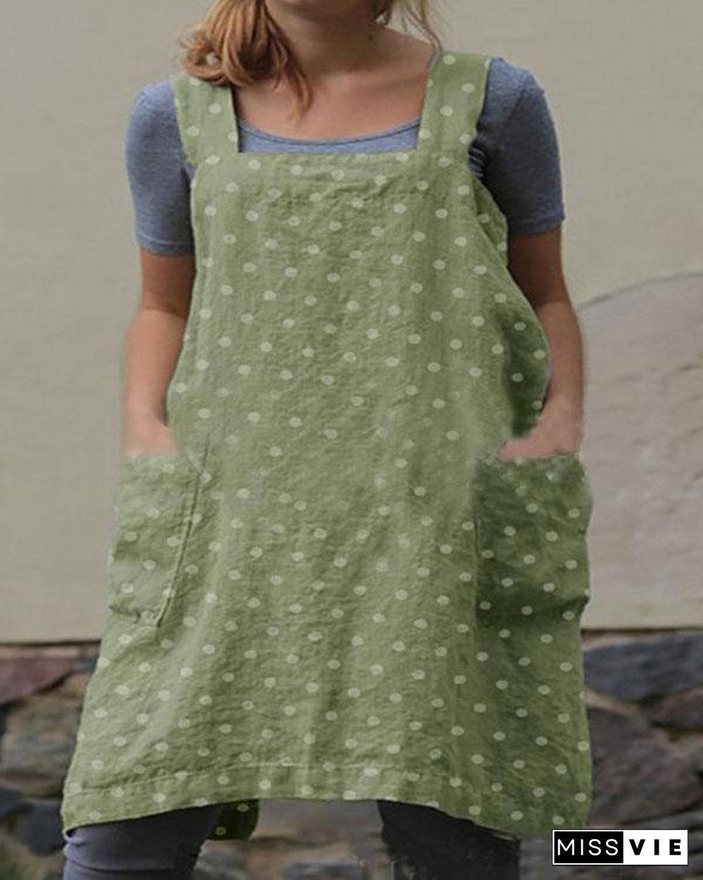 Dot Print Double Pockets Apron Linen Dress