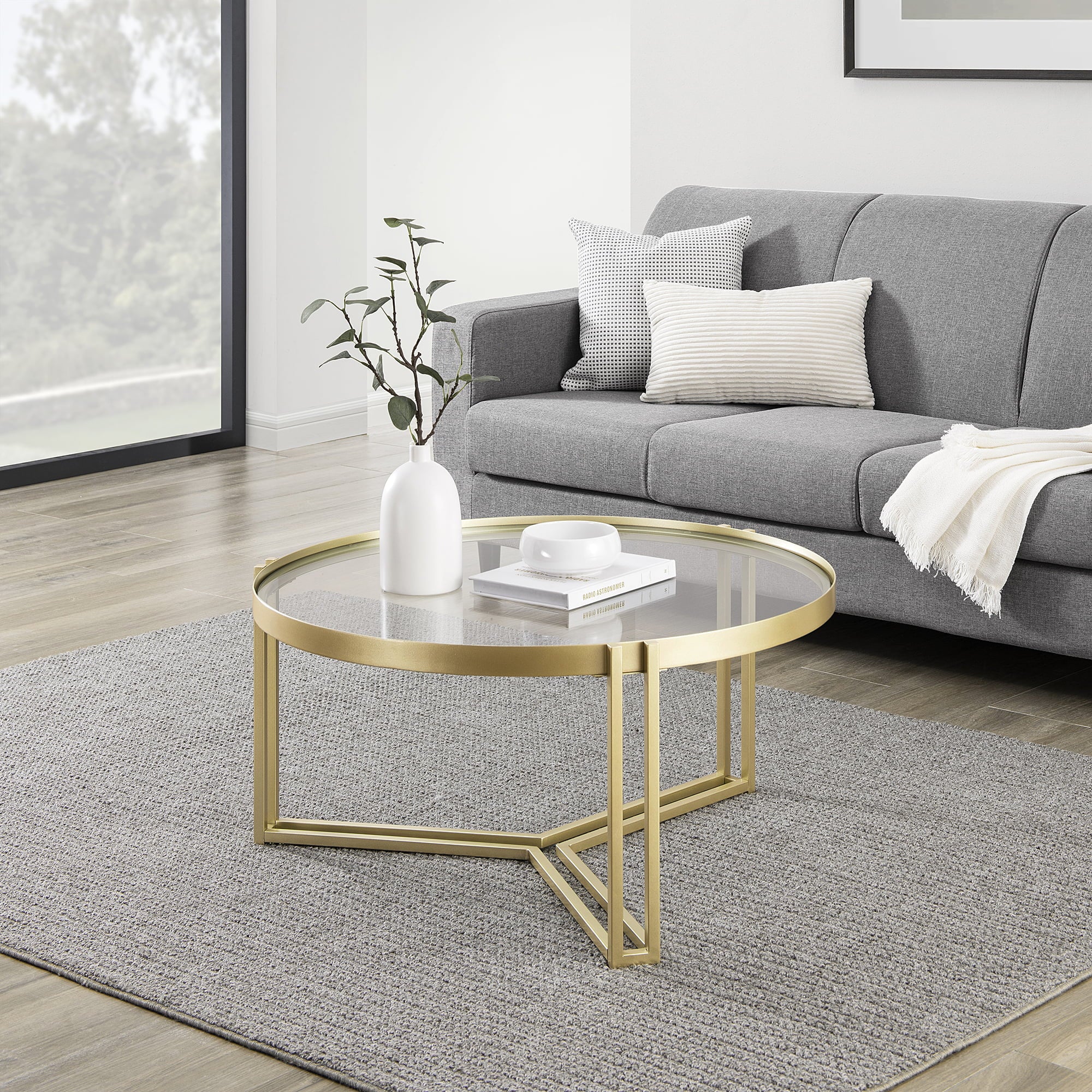 Manor Park Modern Glam Round Glass Coffee Table, Gold