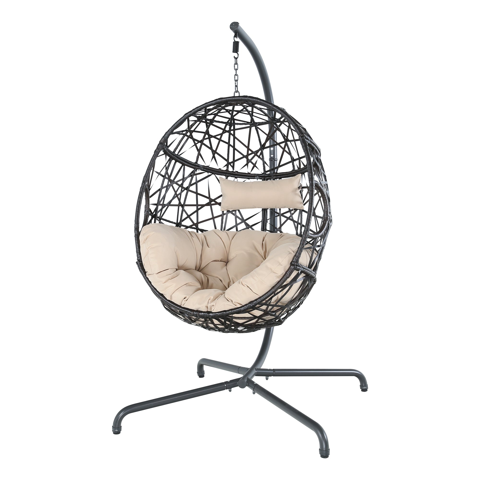 Iwicker Patio Wicker Hanging Egg Chair Outdoor Rattan Swing Chair with Stand and Cushions, Beige