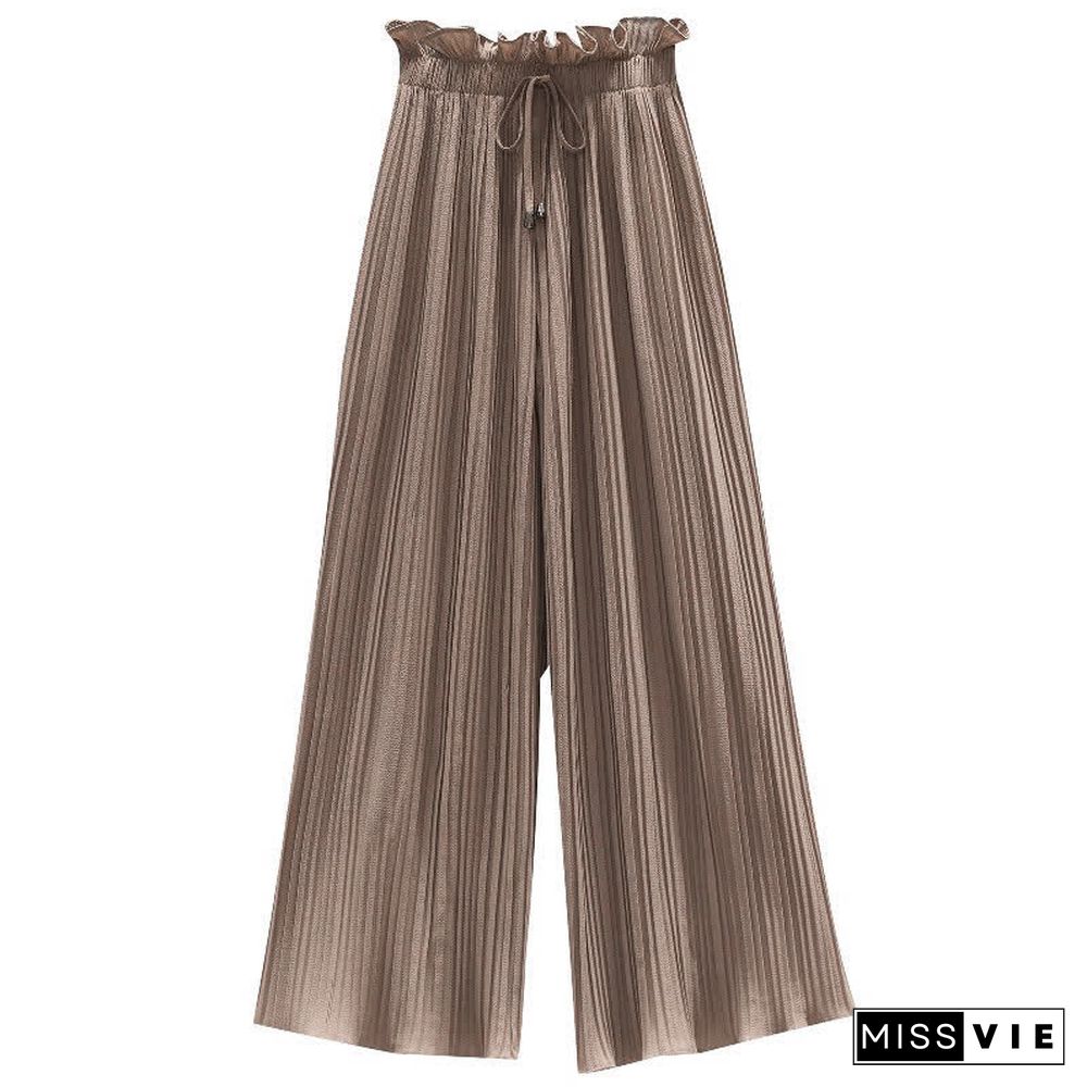 High Waist Chiffon Wide Leg Pleated Casual Pants