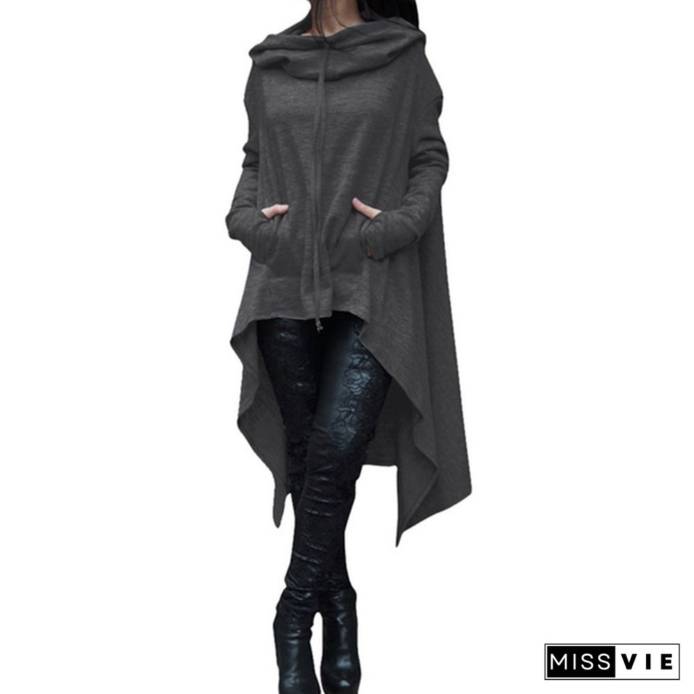 Womens Solid Color Draw Cord Coat Long Sleeve Loose Casual Long Hoodies Sweatshirts Poncho Coat Hooded Pullover