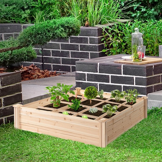 Outsunny 4ft X 4ft Raised Garden Bed， Wooden Planter Box With Segmented Growing Grid For Plants and Herbs， Natural Wood