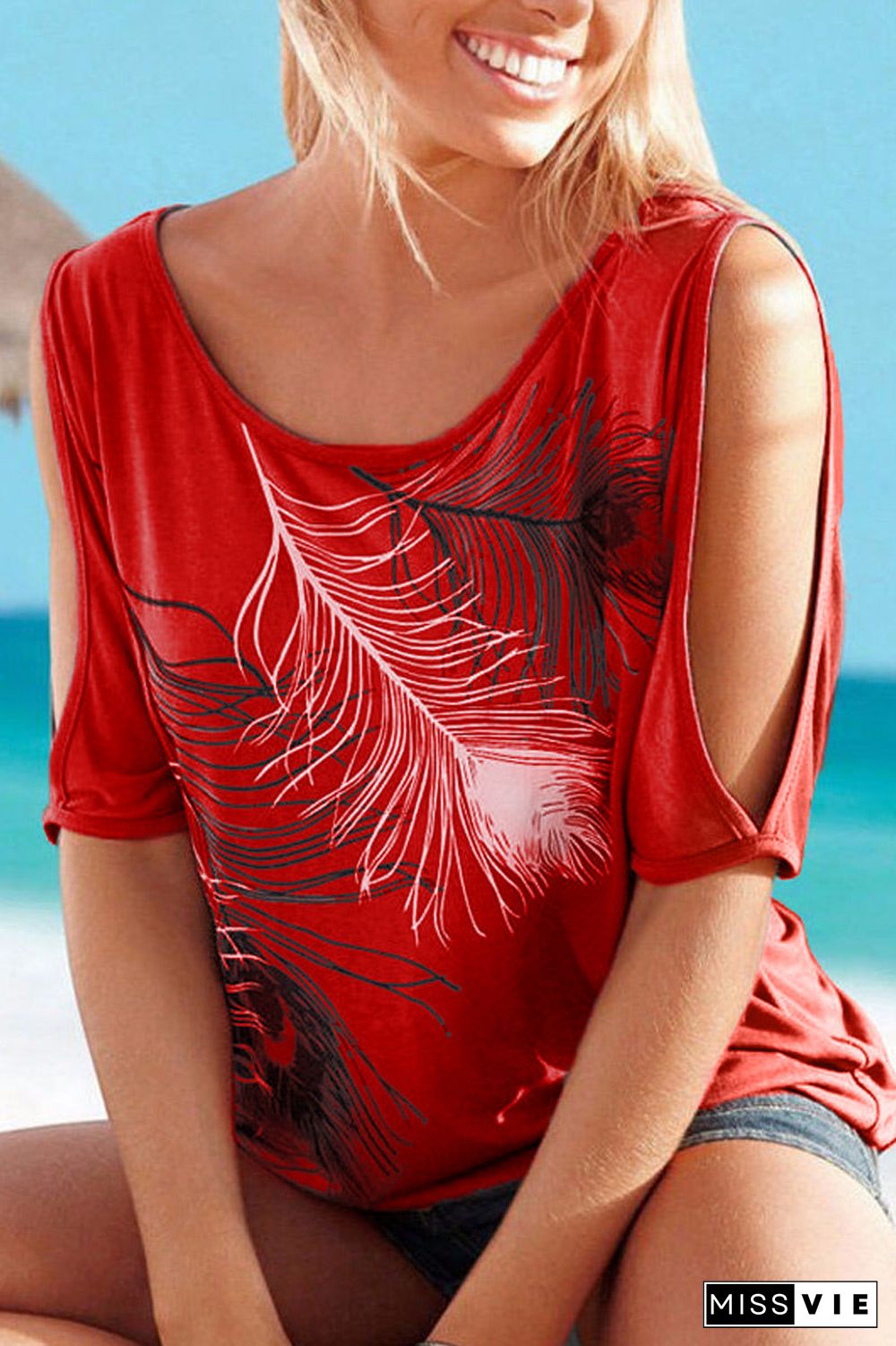 Fashion Casual Print Split Joint O Neck T-Shirts