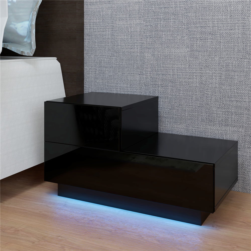 Ktaxon High Gloss Bedside Table Nightstand with 2 Drawers,End Table Side Table Storage Cabinet with RGB LED Lights for Bedroom,Black