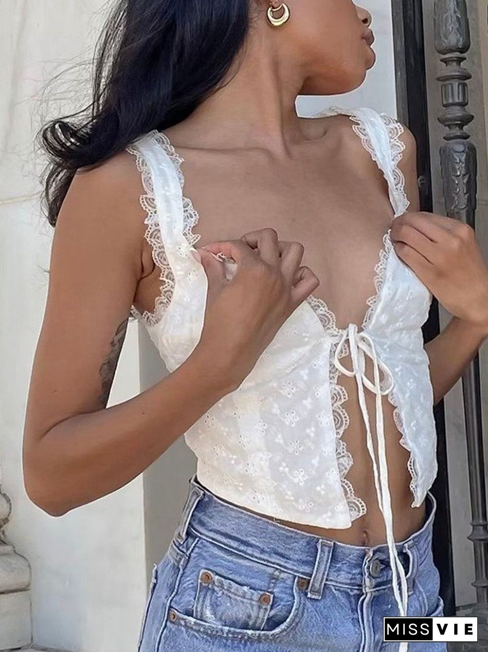 White Tie Front Lace Cropped Tank Top