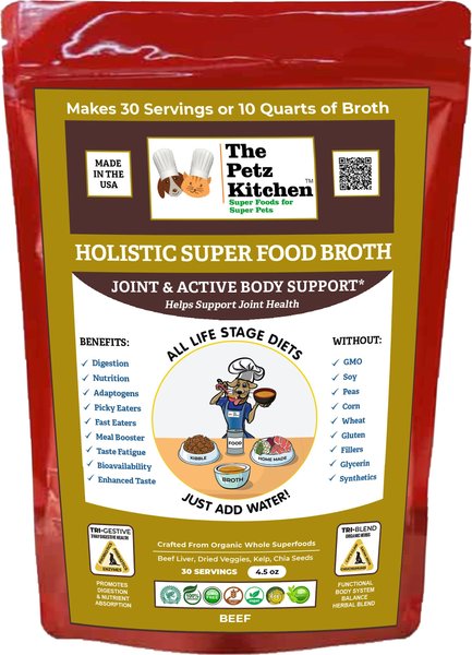 The Petz Kitchen Holistic Super Food Broth Joint Support Concentrate Powder Beef Flavor Dog and Cat Supplement， 4.5-oz bag