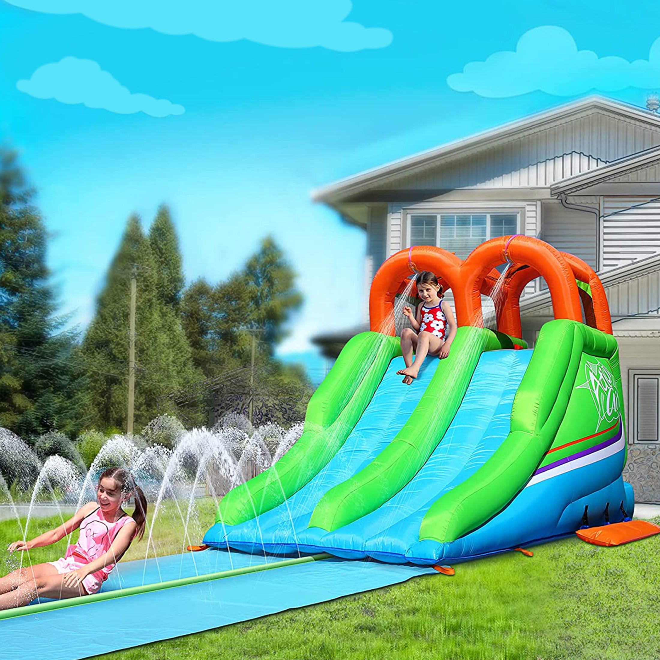 Action Air Inflatable Water Slide, Long Waterslides, Splashing Pool Sprinkler Racing Bouncer