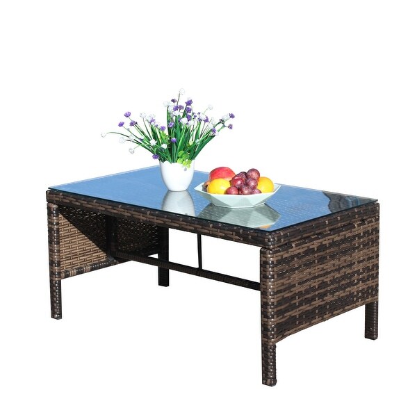 Rectangular Rattan Outdoor Dining Table with Tempered Glass in Brown