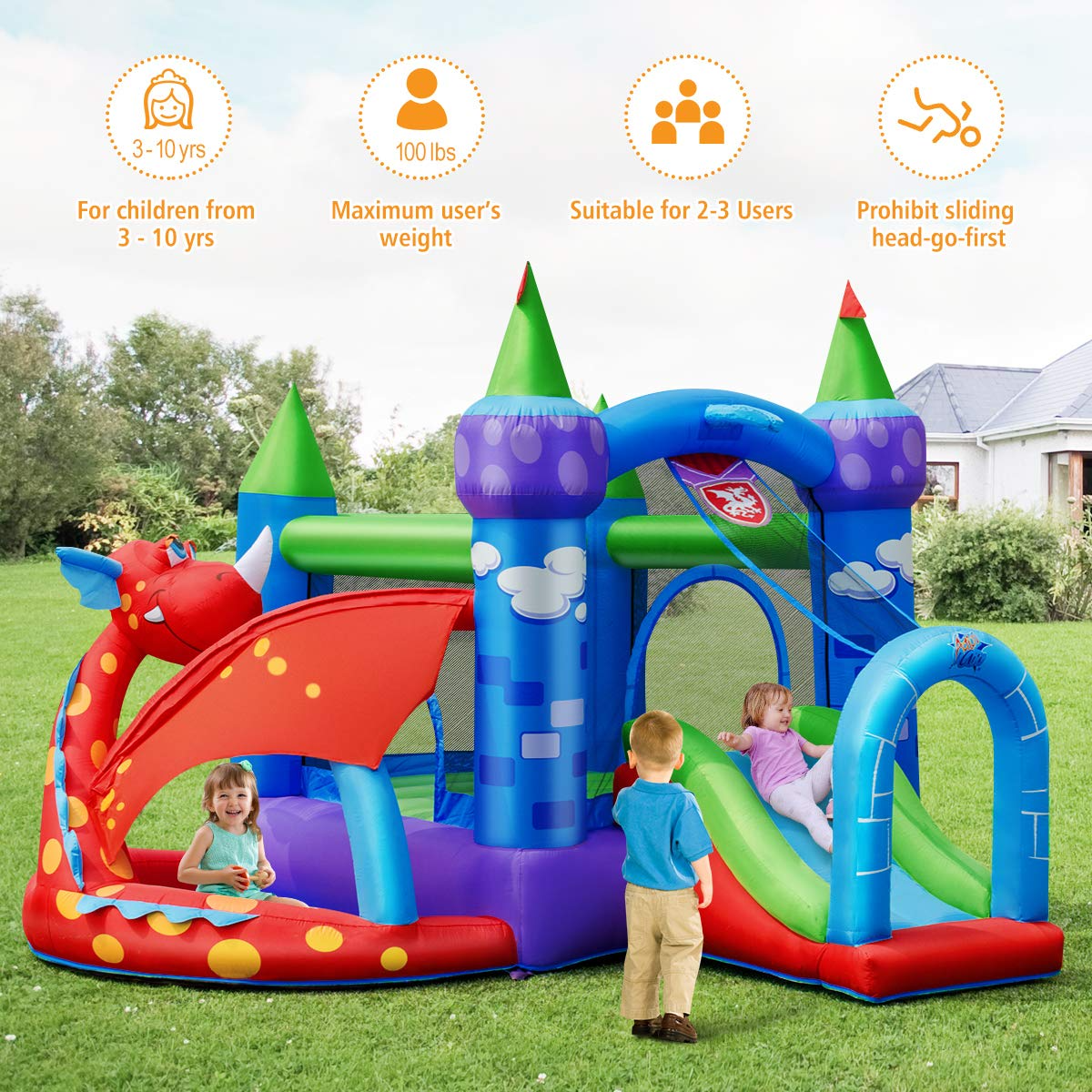 BOUNTECH Inflatable Bounce House, Dragon Jumping Castle Bouncer w/Slide, Jump Area