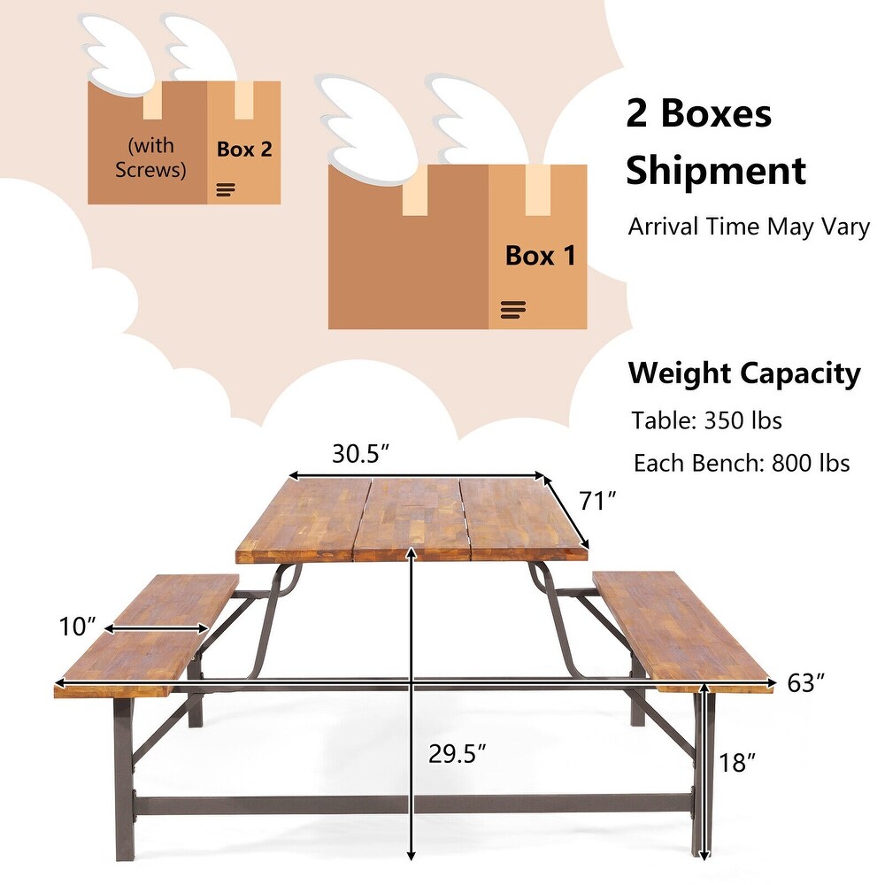 6 Person Outdoor Picnic Table and Bench Set with 2 Inch Umbrella Hole   71\