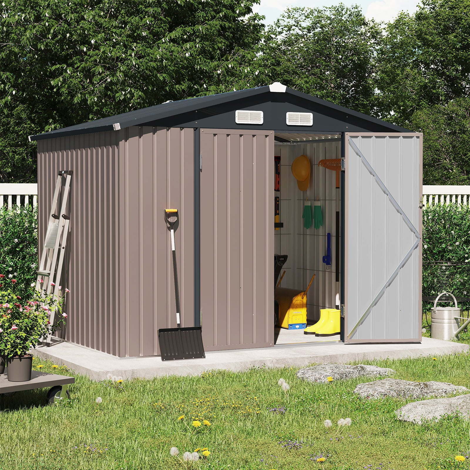 OC Orange-Casual 8' x 6' FT Outdoor Storage Shed, Metal Garden Tool Shed with Lockable Door, Outside Sheds & Storage Galvanized Steel, Brown