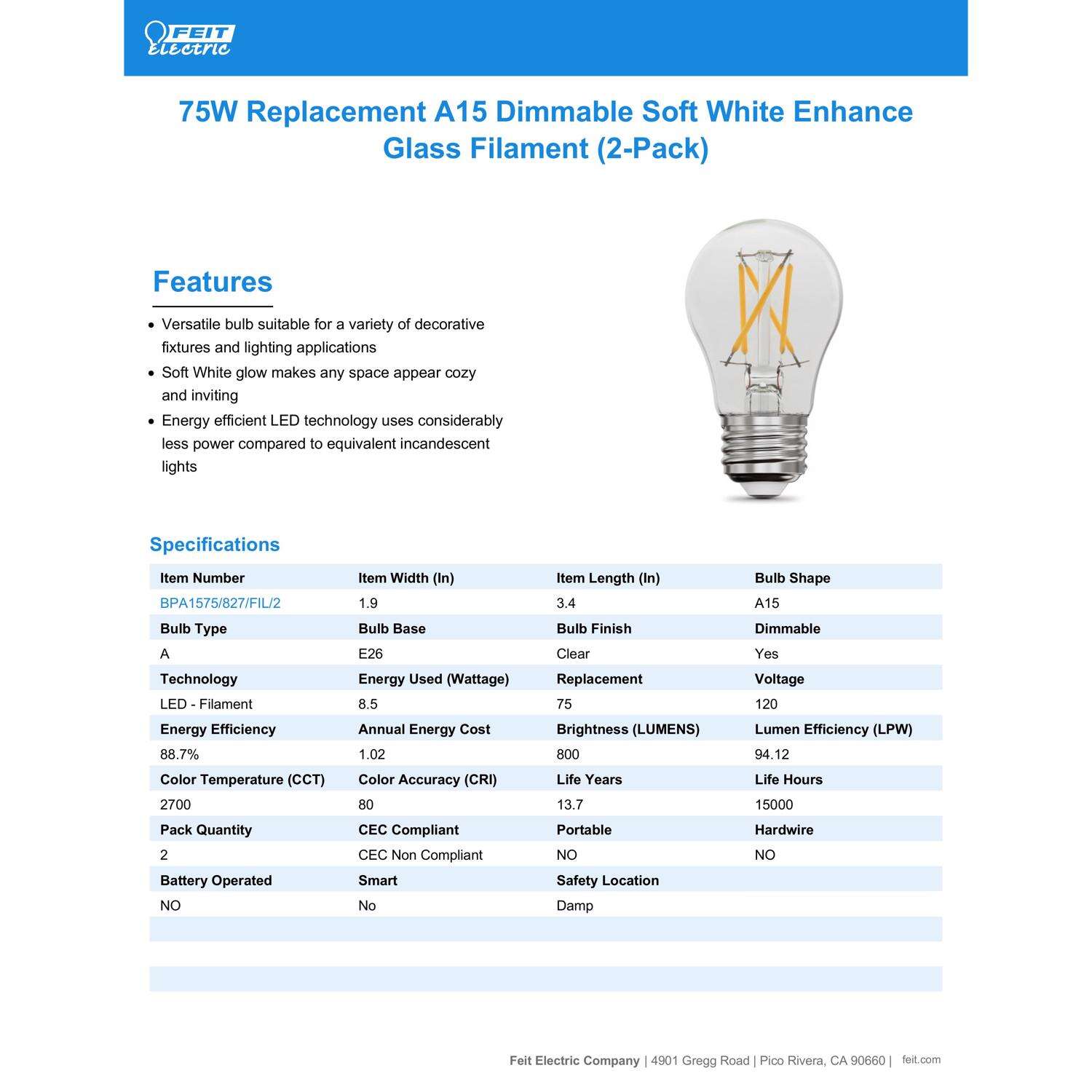 Feit LED A15 E26 (Medium) LED Light Bulb Soft White 75 Watt Equivalence 2 pk