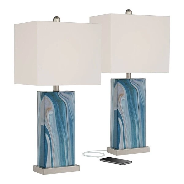 Set of 2 Coastal Table Lamps with USB Port LED Blue - 9